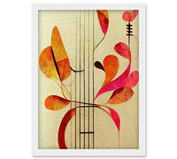 Wee Blue Coo Abstract Autumnal Boho Leaves and Musical Music Staff Lines Cream Pink Copper Yellow Artwork Framed Wall Art Print A4