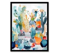 Wee Blue Coo Abstract Cacti Garden Watercolour Artwork Cactus Plant Pots Colourful Folk Art Artwork Framed Wall Art Print A4