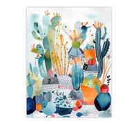 Wee Blue Coo Abstract Cacti Garden Watercolour Artwork Cactus Plant Pots Colourful Folk Art Large Wall Art Poster Print Thick Paper 18X24 Inch
