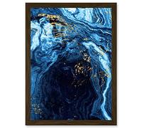 Wee Blue Coo Abstract Dark Blue Gold Flow Watercolour Modern Artwork Framed Wall Art Print A4