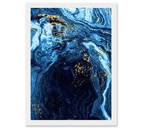 Wee Blue Coo Abstract Dark Blue Gold Flow Watercolour Modern Artwork Framed Wall Art Print A4