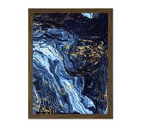 Wee Blue Coo Abstract Dark Blue Gold Pour Large Framed Art Print Wall Poster 18x24 inch