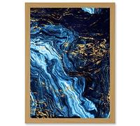 Wee Blue Coo Abstract Dark Blue Gold Pour Watercolour Modern Artwork Framed Wall Art Print A4
