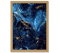 Wee Blue Coo Abstract Dark Blue Gold Swirl Watercolour Modern Artwork Framed Wall Art Print A4