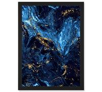 Wee Blue Coo Abstract Dark Blue Gold Swirl Watercolour Modern Artwork Framed Wall Art Print A4