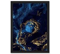 Wee Blue Coo Abstract Dark Blue Gold Waves Modern Artwork Framed Wall Art Print A4