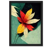 Wee Blue Coo Abstract Flowers Teal Red Yellow Artwork Framed Wall Art Print A4