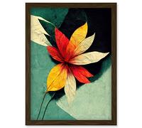 Wee Blue Coo Abstract Flowers Teal Red Yellow Artwork Framed Wall Art Print A4