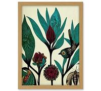Wee Blue Coo Abstract Folk Art Leaves Flowers Birds Vintage Style Green Burgundy Cream Black Artwork Framed A3 Wall Art Print