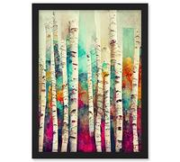Wee Blue Coo Abstract Multi Coloured Birch Tree Forest Vibrant Colourful Oil Painting Artwork Framed A3 Wall Art Print