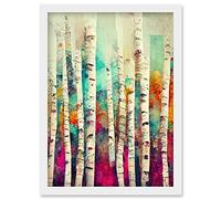 Wee Blue Coo Abstract Multi Coloured Birch Tree Forest Vibrant Colourful Oil Painting Artwork Framed Wall Art Print A4