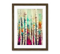 Wee Blue Coo Abstract Multi Coloured Birch Tree Forest Vibrant Colourful Oil Painting Artwork Framed Wall Art Print 18X24 Inch