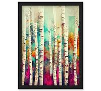 Wee Blue Coo Abstract Multi Coloured Birch Tree Forest Vibrant Colourful Oil Painting Artwork Framed Wall Art Print A4