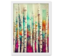 Wee Blue Coo Abstract Multi Coloured Birch Tree Forest Vibrant Colourful Oil Painting Artwork Framed A3 Wall Art Print