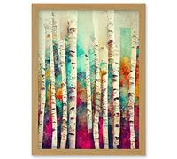 Wee Blue Coo Abstract Multi Coloured Birch Tree Forest Vibrant Colourful Oil Painting Artwork Framed Wall Art Print A4