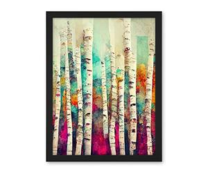 Wee Blue Coo Abstract Multi Coloured Birch Tree Forest Vibrant Colourful Oil Painting Artwork Framed Wall Art Print 18X24 Inch