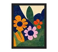 Wee Blue Coo Abstract Painting Bright Matisse Style Flowers Mustard Navy Lilac Orange Artwork Framed Wall Art Print 18X24 Inch