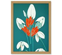Wee Blue Coo Abstract Snowdrops Red Flowers on Teal Retro Mid Century Style Artwork Framed A3 Wall Art Print