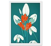 Wee Blue Coo Abstract Snowdrops Red Flowers on Teal Retro Mid Century Style Artwork Framed A3 Wall Art Print