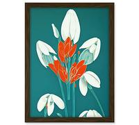 Wee Blue Coo Abstract Snowdrops Red Flowers on Teal Retro Mid Century Style Artwork Framed A3 Wall Art Print