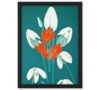 Wee Blue Coo Abstract Snowdrops Red Flowers on Teal Retro Mid Century Style Artwork Framed A3 Wall Art Print