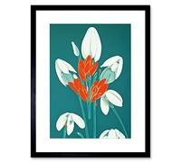 Wee Blue Coo Abstract Snowdrops Red Flowers on Teal Retro Mid Century Style Artwork Framed Wall Art Print 9X7 Inch