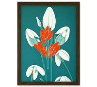 Wee Blue Coo Abstract Snowdrops Red Flowers on Teal Retro Mid Century Style Artwork Framed Wall Art Print A4