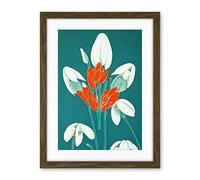 Wee Blue Coo Abstract Snowdrops Red Flowers On Teal Retro Mid Century Style Artwork Framed Wall Art Print 18X24 Inch