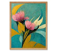 Wee Blue Coo Abstract Teal Pink Mustard Flower Floral Painting Art Print Framed Poster Wall Decor 12x16 inch