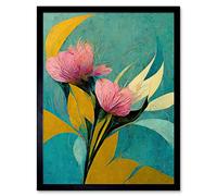 Wee Blue Coo Abstract Teal Pink Mustard Flower Floral Painting Art Print Framed Poster Wall Decor 12x16 inch