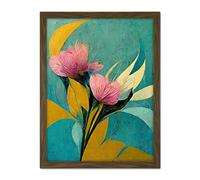 Wee Blue Coo Abstract Teal Pink Mustard Flower Floral Painting Artwork Framed Wall Art Print 18X24 Inch