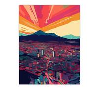 Wee Blue Coo Abstract Valley City Artwork Pink Blue Orange Cityscape Daybreak Sunrise Behind Mountains Large Wall Art Poster Print Thick Paper 18X24 Inch