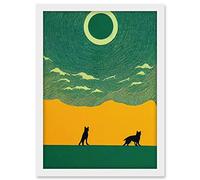 Wee Blue Coo Abstract Wolves Minimalist Surreal Sky Green Yellow Artwork Framed A3 Wall Art Print