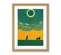 Wee Blue Coo Abstract Wolves Minimalist Surreal Sky Green Yellow Artwork Framed Wall Art Print 18X24 Inch