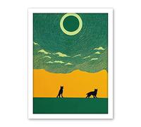 Wee Blue Coo Abstract Wolves Minimalist Surreal Sky Green Yellow Artwork Framed Wall Art Print 18X24 Inch