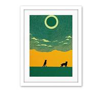 Wee Blue Coo Abstract Wolves Minimalist Surreal Sky Green Yellow Artwork Framed Wall Art Print 18X24 Inch