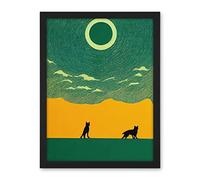 Wee Blue Coo Abstract Wolves Minimalist Surreal Sky Green Yellow Artwork Framed Wall Art Print 18X24 Inch