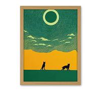 Wee Blue Coo Abstract Wolves Minimalist Surreal Sky Green Yellow Artwork Framed Wall Art Print 18X24 Inch