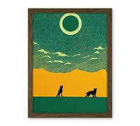 Wee Blue Coo Abstract Wolves Minimalist Surreal Sky Green Yellow Artwork Framed Wall Art Print 18X24 Inch