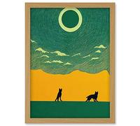 Wee Blue Coo Abstract Wolves Minimalist Surreal Sky Green Yellow Artwork Framed Wall Art Print A4