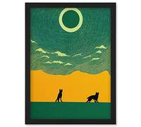 Wee Blue Coo Abstract Wolves Minimalist Surreal Sky Green Yellow Artwork Framed Wall Art Print A4