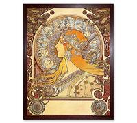 Wall Art Print Alphonse Mucha 1896 Zodiac Signs Art Nouveau Old Master Painting Art Framed Artery8 Brown W12 inch x H16 inch