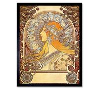 Wall Art Print Alphonse Mucha 1896 Zodiac Signs Art Nouveau Old Master Painting Art Framed Artery8 Black W12 inch x H16 inch
