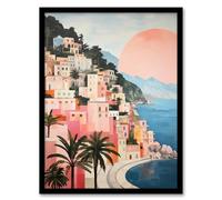 Wall Art Print Amalfi Sunrise Mediterranean Urban Landscape Oil Painting Pink Blue Green Coastal Cityscape Art Framed Wee Blue Coo Blue W12 inch x H16 inch