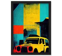 Wee Blue Coo Andy Warhol Inspired Modern Abstract Car Taxi Yellow Orange Teal Black Artwork Framed Wall Art Print A4