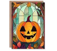 Wee Blue Coo Autumn Pumpkin Stained Glass Fun Trick or Treat Haunted Scary Halloween Card Blank For All