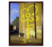 Wee Blue Coo Banksy Yellow Lines Flower Painter Graffiti Street Art Print Framed Poster Wall Decor 12X16 Inch