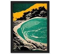 Wee Blue Coo Beach Lagoon Abstract Marbled Seascape Mustard Teal Artwork Framed A3 Wall Art Print