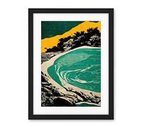 Wee Blue Coo Beach Lagoon Abstract Marbled Seascape Mustard Teal Artwork Framed Wall Art Print 18X24 Inch