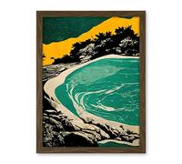 Wee Blue Coo Beach Lagoon Abstract Marbled Seascape Mustard Teal Artwork Framed Wall Art Print 18X24 Inch